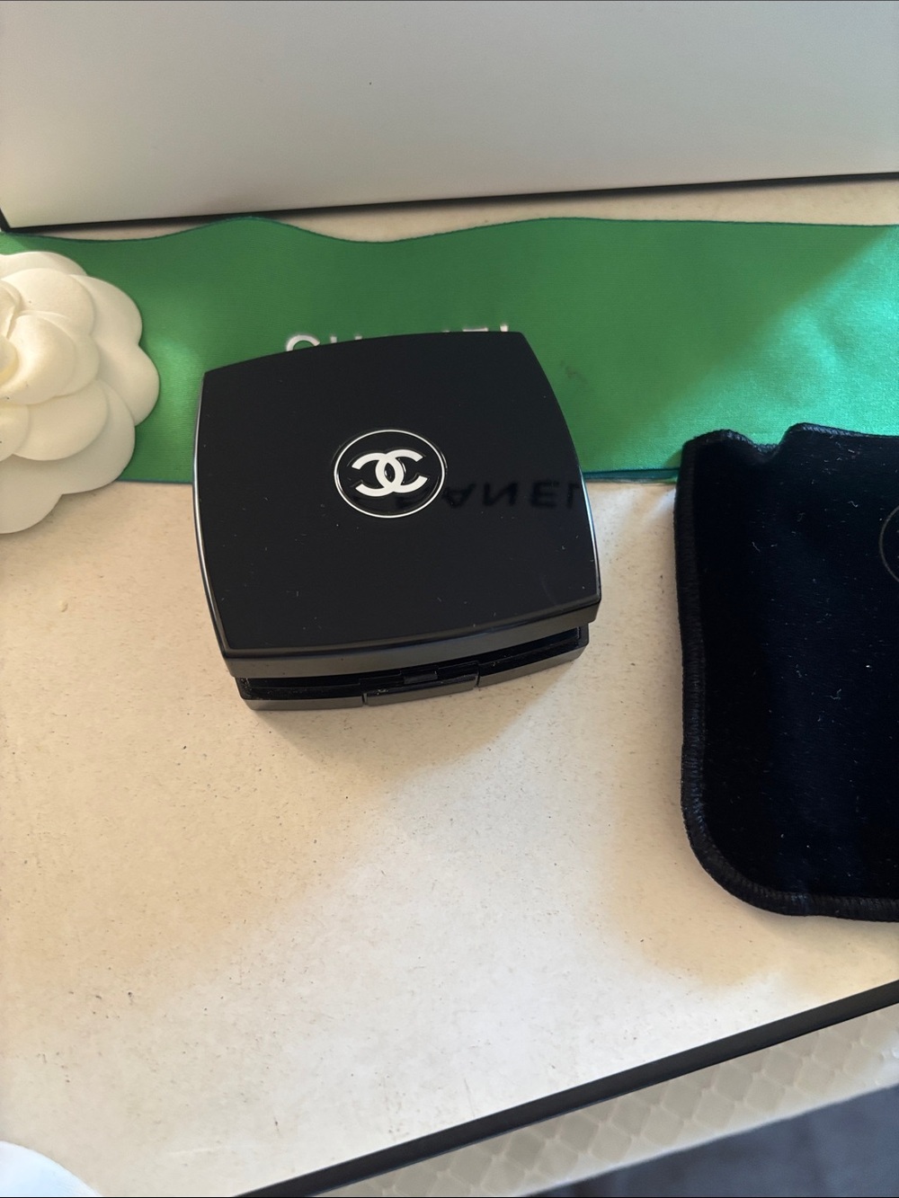 CHANEL Black Compact Case with White CC Emblem eye shadows